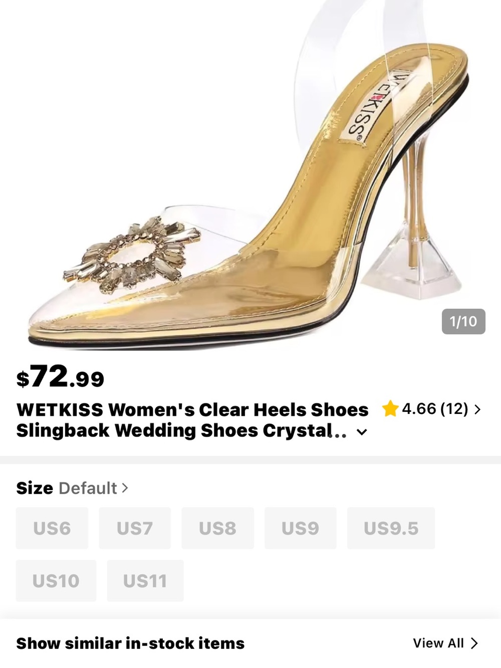 WETKISS Gold Clear Slingback Heels with Crystal Brooch